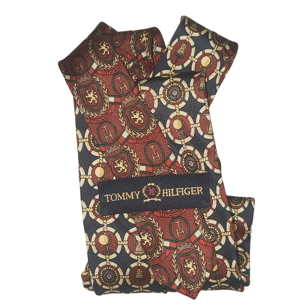 SILK Tommy Hilfiger Tie NAUTICAL Blue Rust Brick Compass Boating excellent
